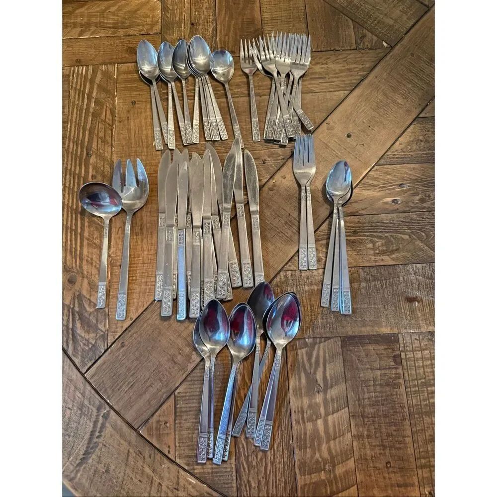 Vintage Custom Craft Stainless Steel Flatware 52PCs Fleur De Lis Mid Century MCM